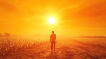 Obraz premium A silhouette of a person standing in a vast field at sunset, enveloped by warm orange and golden hues, evoking serenity and reflection.