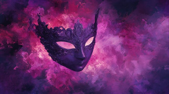 A mystical purple mask surrounded by vibrant cosmic clouds.