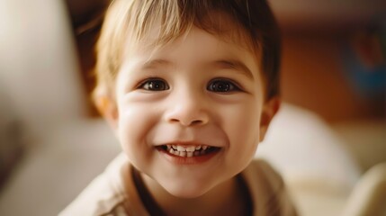 A smiling toddler gazes joyfully, with an intimate face close-up, exuding sheer delight.