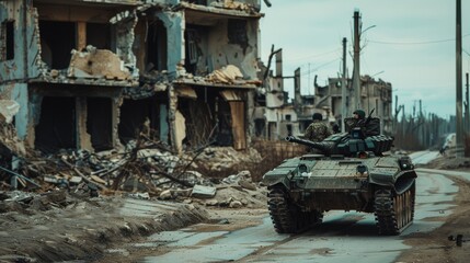 Fototapeta premium A military tank maneuvers through the ruins of a war-torn city, evoking devastation and conflict.