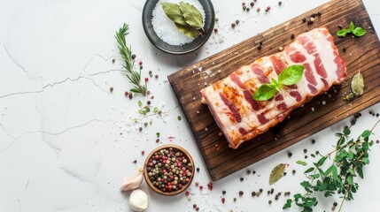 A beautifully presented slab of pancetta on a wooden board, surrounded by aromatic herbs, spices, and sea salt, showcasing gourmet culinary preparation.