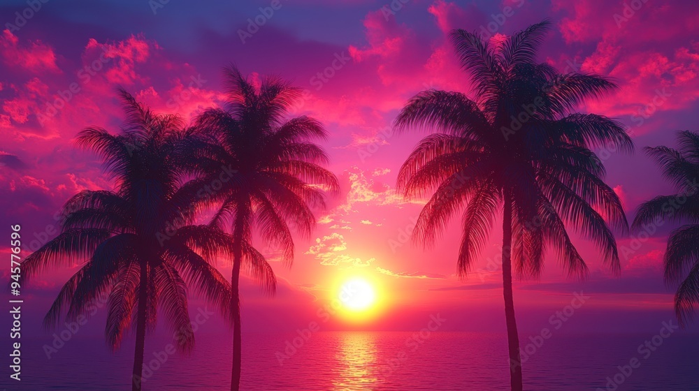 Poster silhouettes of palm trees against a vibrant sunset