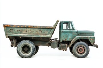 Obraz premium An old, rusty dump truck with a green body and large wheels, designed for transporting materials.