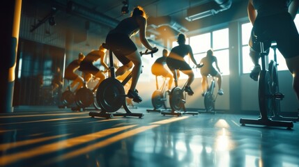 An energetic spin class in full swing, with participants pedaling vigorously on stationary bikes, bathed in dynamic lighting that adds to the motivational atmosphere.