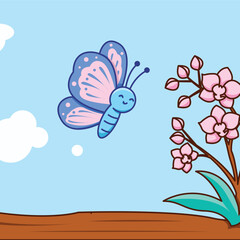 Smiling butterfly, blue wings, pink orchid flowers, brown stem.
