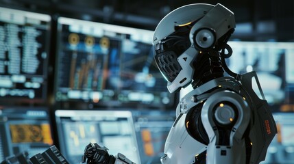 A high-tech robot in a control room analyzes data from multiple screens, emphasizing technology and futuristic elements.