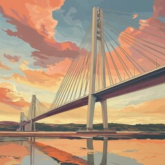 Obraz premium The Queensferry Crossing Bridge in Scotland, depicted in vector art style, with warm tones, flat colors, and a serene atmosphere.
