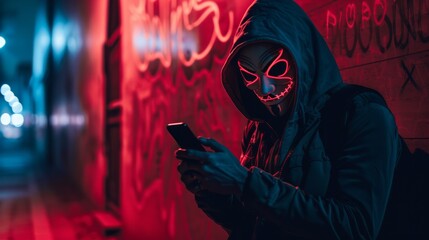 A mysterious figure in a neon-lit alley wearing an LED mask and a hoodie, engrossed in their smartphone, surrounded by graffiti.