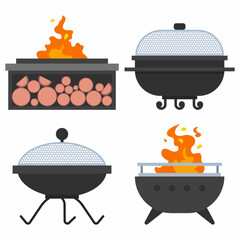 Outdoor fire pits vector cartoon set isolated on a white background.