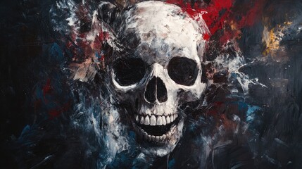 Abstract Painting of a Skull with Red and Blue Strokes