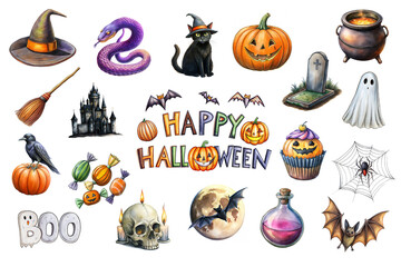 Happy Halloween set witch, pumpkins, ghost, bat, black cat. Characters and elements for halloween isolated on white.