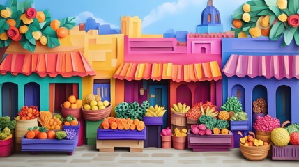 A vibrant, colorful market scene featuring numerous stalls filled with fresh fruits and vegetables in a playful, artistic style.