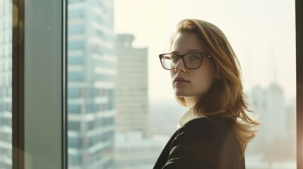 A poised woman in glasses stands confidently by a large window, with a cityscape view in the background, embodying professionalism and determination.