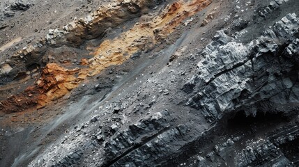 A close-up view of rocky terrain, highlighting vibrant striations of orange, gray, and black, reveals the rich geological history carved by nature.