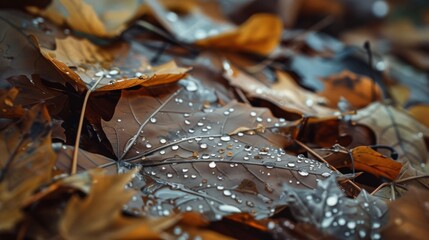 Close-up of autumn leaves decorated with raindrops, highlighting nature's delicate beauty.