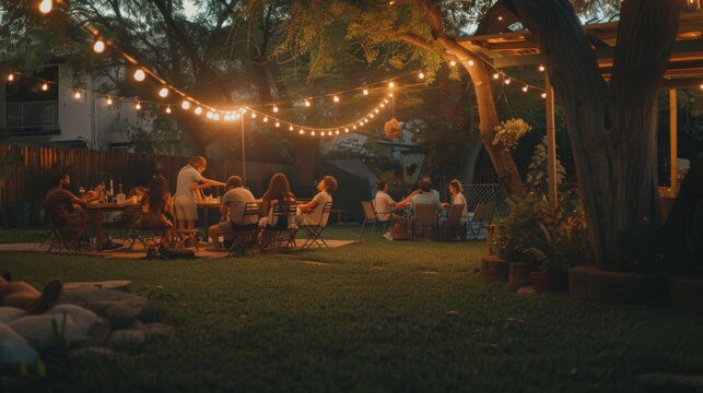 An intimate backyard gathering under warm string lights, where friends and family enjoy each other's company with food and laughter, creating a cozy evening.