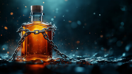 A powerful image depicting a whiskey bottle bound in heavy chains, symbolizing the dangers and consequences of alcohol consumption.
