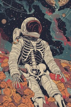 Skeleton and astronaut drawing sketch comics.