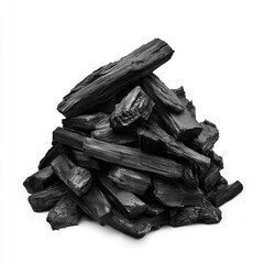 A pile of black charcoal briquettes isolated on a white background.