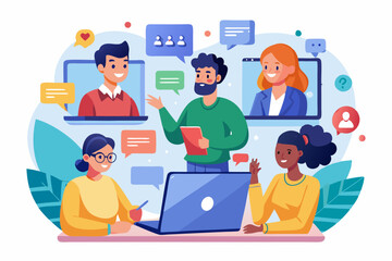 Online discussion board, group chat or video focused group meeting, online conference talking, team chat or technology for team conversation concept, business people chatting dialogue in computer
