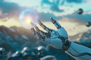 A futuristic robotic hand reaches out to grasp a glowing sphere. The scene blends technology with nature. A perfect mix of innovation and fantasy. Generative AI