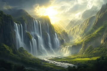 Breathtaking landscape featuring a cascading waterfall amidst lush greenery and majestic mountains under a golden sunrise.
