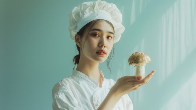 A serene chef in a white uniform tenderly presenting a mushroom against a soft blue background.