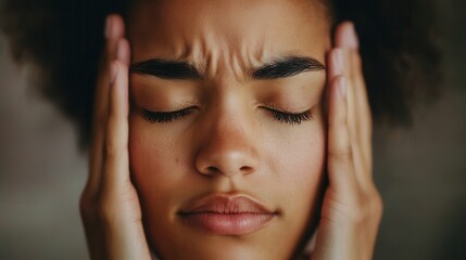 Fototapeta premium A young adult with closed eyes holds their head in their hands, conveying a moment of stress and anxiety in a tranquil environment. Generative AI