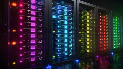 Obraz premium Row of network servers with glowing LED lights