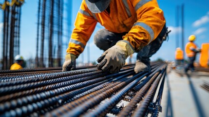 Construction worker arranging steel rebar on a building site under clear blue skies, emphasizing safety and teamwork.