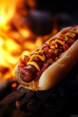 Delicious hot dog topped with mustard and toppings, sitting by a glowing campfire during a summer barbecue