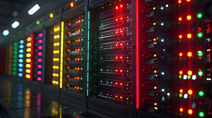 Obraz premium Row of network servers with glowing LED lights
