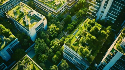 Aerial view of urban buildings with lush green rooftop gardens, showcasing a blend of modern architecture and ecological sustainability amidst the cityscape.
