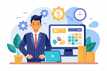 Salary payroll system, online income calculate and automatic payment, office accounting administrative or calendar pay date, employee wages concept, businessman standing with online payroll computer.
