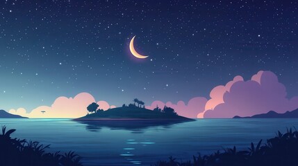 Fototapeta premium Night Sky with Crescent Moon and Island in the Sea - Digital Illustration.