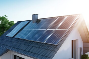 Fototapeta premium Modern rooftop with solar panels under bright sunlight, showcasing renewable energy technology for sustainable living.