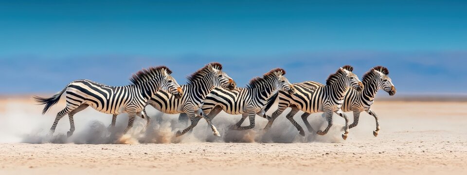 A herd of zebras thundering over the plains together