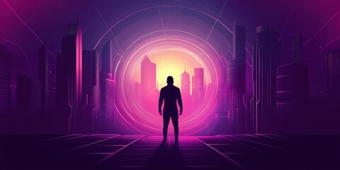 Silhouette of businessman standing in front of glowing futuristic door. Technology concept
