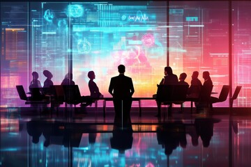 Silhouettes of business professionals in a modern conference room with digital screens, discussing strategies and innovations.