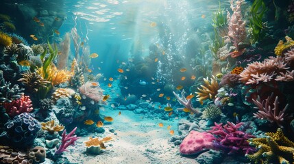 A captivating underwater scene showcasing a thriving coral reef ecosystem with colorful fish, anemones, and diverse marine life. Sunbeams illuminate the reef, creating a sense of depth and tranquility