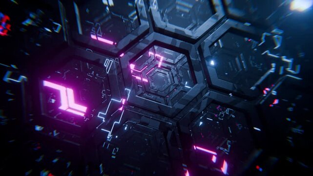 Slow motion through metallic hexagons in futuristic pattern. Camera movement in spaceship matrix. Seamless camera movement through neon abstract building structures. VJ Loop Animation.