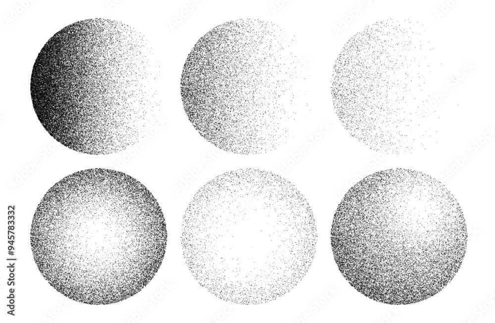 Poster Stipple noise dot grain sphere shape, halftone gradient brush. 3d vector abstract dotwork balls featuring different degree of grainy texture, from complete round circles to halved with sand effect