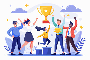 Team achievement, teamwork collaborate work together to achieve business goal, winning award or success, partnership or cooperate concept, business team people celebrate help carry big winner trophy
