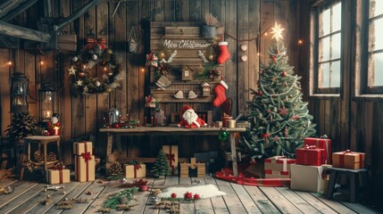 A charming wooden cabin adorned with Christmas decorations, a festive tree, and gifts, exuding holiday cheer and warmth.