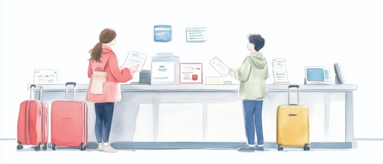 Travelers check in at a modern airport counter, surrounded by colorful luggage and informational signs for smooth journey.