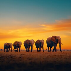 Fototapeta premium A herd of elephants walking in a line across the savannah
