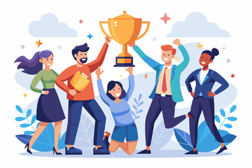 Team achievement, teamwork collaborate work together to achieve business goal, winning award or success, partnership or cooperate concept, business team people celebrate help carry big winner trophy
