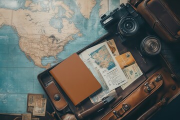 Travel essentials including a map, passport, and camera organized in a vintage suitcase for your next adventure.