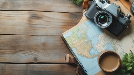 Travel essentials including a camera, map, and notebook on a wooden table, ideal for adventure and exploration themes.
