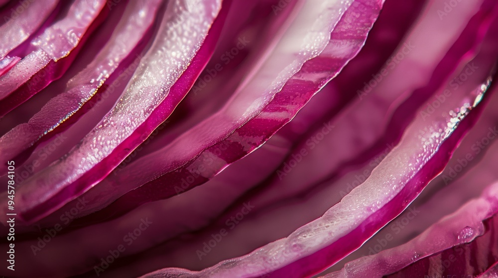 Canvas Prints Close-up shot of vivid red onion rings, showcasing their concentric layers and fresh, crisp texture with a hint of moisture.